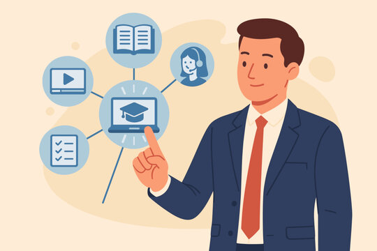 E-learning online education concept. Businessman in suit interacting with virtual screen. Online training programs, personalized learning, digital courses, remote education, flat vector illustration