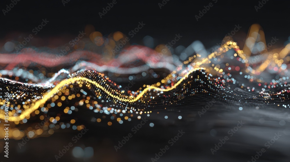 Poster abstract visualization of data streams and dynamic market trends, showing fluctuating data points an