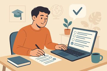 Online exam concept, remote education assessment, digital questionnaire, student taking test on laptop, e-learning evaluation, distance learning, modern flat vector illustration, home study workspace