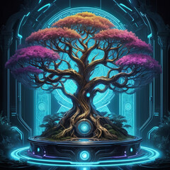 Neon-lit cyberpunk-style tree with holographic leaves and glowing circuitry patterns