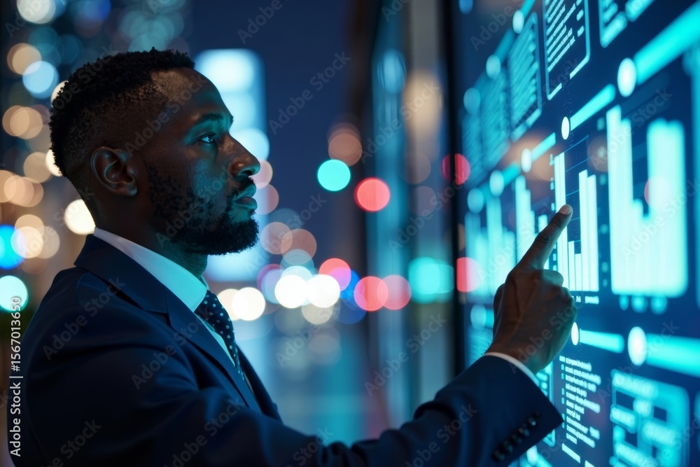 Poster african american entrepreneur immersed in a virtual realm of data, utilizing holographic technology 