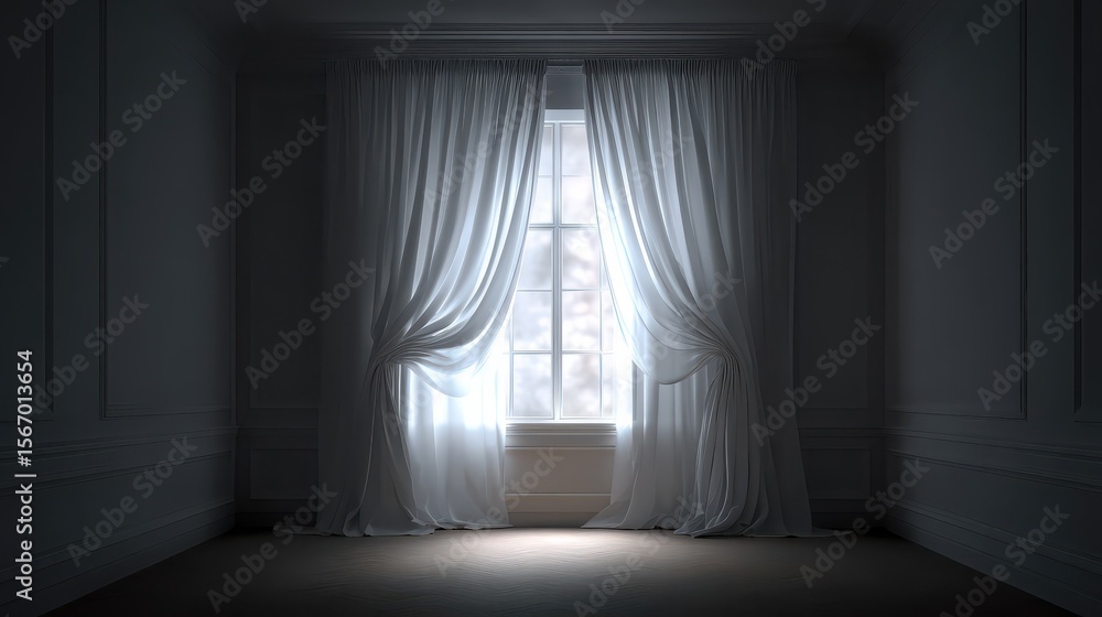 Poster an empty room with a window illuminated from behind and adorned with white curtains.