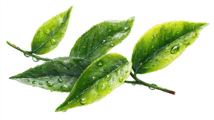 Realistic green tea leaves with water drops isolated on white set. Green tea leaf, natural freshness illustration, no logos, no brands