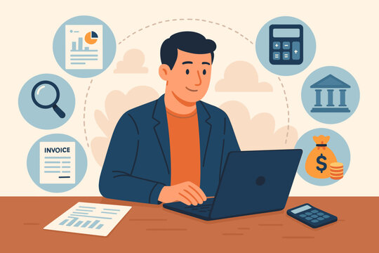 Accounting concept with male accountant working on laptop. Financial statement analysis, business audit, tax calculation, and budget planning. Banking, bookkeeping, and invoice management.