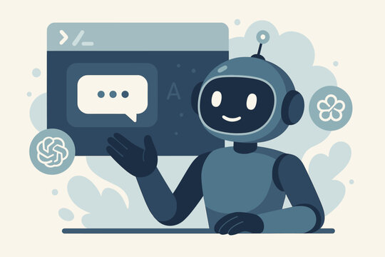 Generative AI and artificial intelligence concept. A friendly robot chatbot and intelligent agent using a command prompt interface. Modern cartoon vector illustration of machine learning.