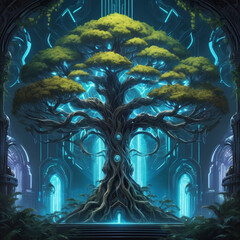 Neon-lit cyberpunk-style tree with holographic leaves and glowing circuitry patterns