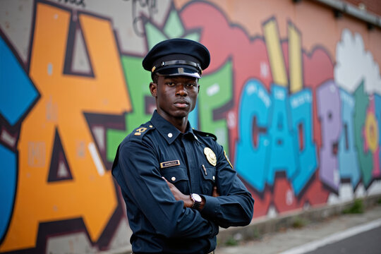 Young African male security guard posing in uniform with arms crossed against a graffiti-covered wall on the street. - Powered by Adobe