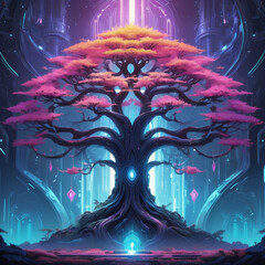 Neon-lit cyberpunk-style tree with holographic leaves and glowing circuitry patterns