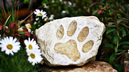A carved paw print on a light-colored stone.