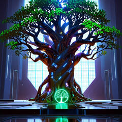 Neon-lit cyberpunk-style tree with holographic leaves and glowing circuitry patterns