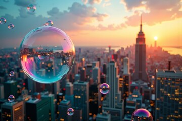 Shimmering bubbles dancing above a glistening cityscape during twilight