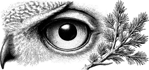 Obraz premium Vintage owl eye with forest branch and starlight dot engraving for nature design