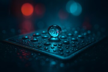 Extreme close-up of tactile pavement braille marker with raindrops and neon reflections. Shallow DOF showcasing inclusive urban design detail for visually impaired pedestrians.