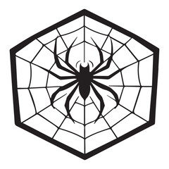 Stylized black spider and web icon on white background