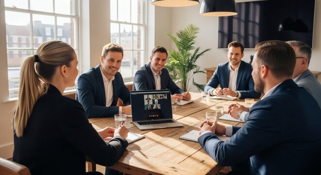 Business team meeting in person and video conference on laptop at conference table in modern office