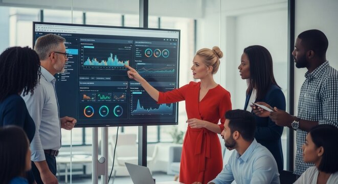 Business team analyzing data on screen during meeting in modern office environment with diverse professionals