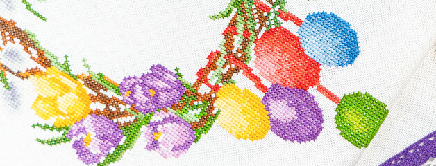 Fabric embroidered Easter wreath with beads of hobby thread