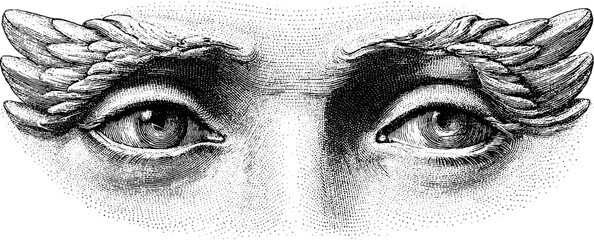 Vintage winged eye and vision beam sketch with portal arch elements