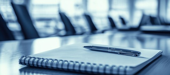 Notebook and pen resting on a table in a blue-toned boardroom setting, suggesting business meetings, planning, or office work. Ideal for corporate, strategy, and productivity visuals