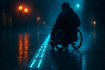 Wheelchair user following glowing LED-embedded tactile pavement during rainy night. Inclusive urban design with braille markers, cinematic bokeh traffic lights reflecting on wet surface.