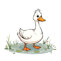 A cartoon duck is standing in a pond