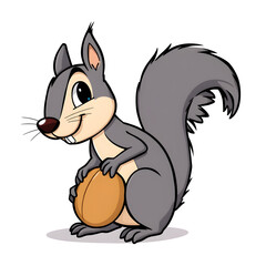 A cartoon squirrel is holding a nut in its mouth