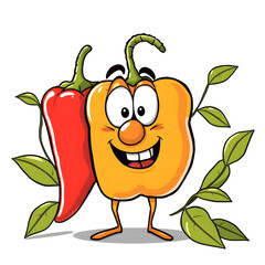 A cartoon pepper is smiling and holding a pepper on its head