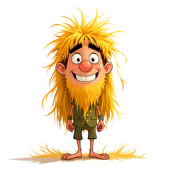 A cartoon character with a big beard and long hair is smiling