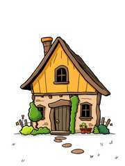A cartoon house with a green plant in a pot on the front porch