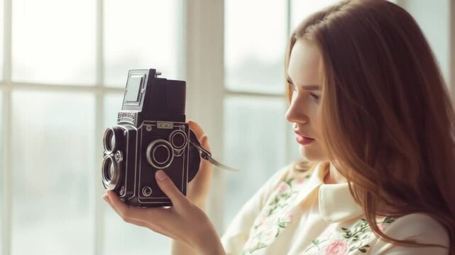 Young Woman Examining Vintage Twin Lens Reflex Camera