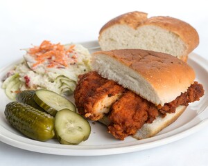Nashville Hot Chicken Plate with Cut View Showing Juicy Inside on White