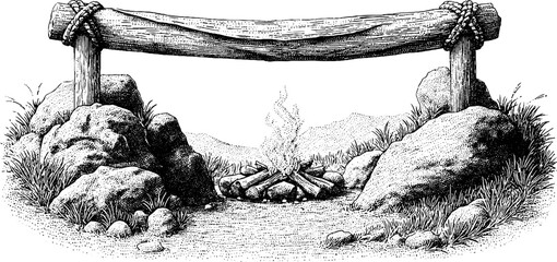 Fototapeta premium Rustic camping scene with rope hung banner, stone ring, and fire pit