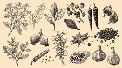 Fototapeta premium Doodle spices and herbs vector hand drawn set, no logos, no brands
