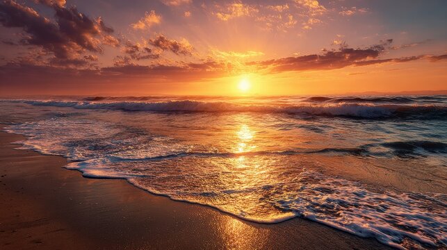 Stunning sunset over ocean waves tropical beach with golden cloud reflections - Powered by Adobe