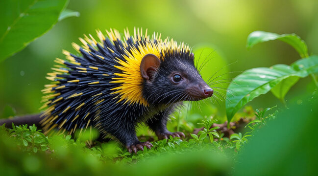 Lowland streaked tenrec in tropical forest floor with soft light and vibrant details. Great for wildlife education, biodiversity projects, posters, and nature magazines.