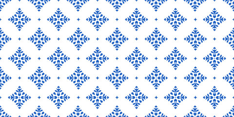 Blue Flower geometric seamless pattern, Mediterranean Ceramic. Sicilian, Portuguese, Spanish tile traditional design, porcelain pottery. Vector isolated on white background