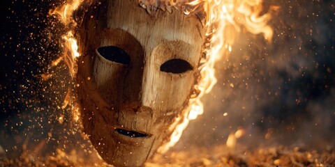 Wooden mask in flames