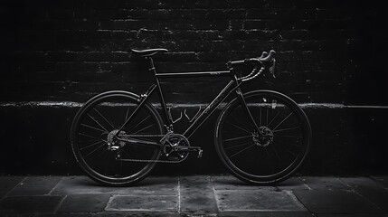 A sleek all-black racing bicycle leaning against a black brick wall, with soft shadows highlighting its elegant shape.

