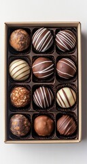 A box of assorted chocolate truffles.  Each truffle is individually wrapped and displayed in a kraft paper box.  Various chocolate and white chocolate varieties with decorative coatings