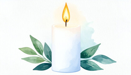 Candle burning gently painted with waxy brush textures and detailed flame on white background for cozy and artistic design concepts