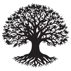 Stylized black silhouette of a large tree with visible roots and a full canopy