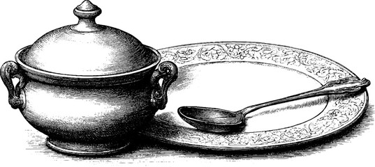 Vintage soup tureen and ladle with porcelain plate sketch for elegant dining design
