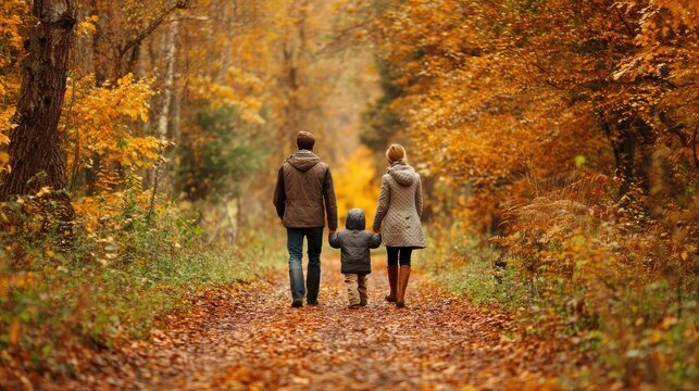 Beautiful young family on a walk in autumn forest., no logos, no brands