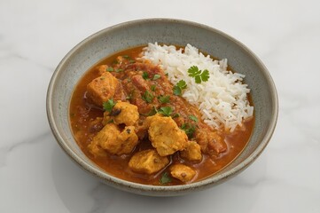 Delicious chicken tikka masala served with fluffy white rice in a rustic bowl
