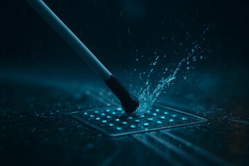High-speed capture of white cane contacting textured pavement during rain. Water splash dynamics, motion blur showcasing navigation aid for visually impaired.