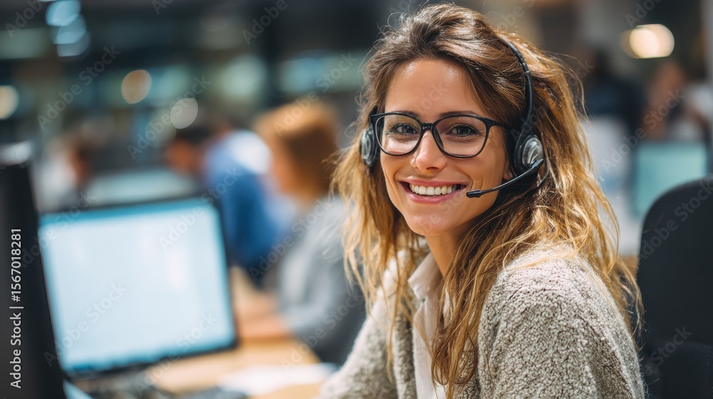 Aufkleber customer support phone operator working at computer. happy call center agent working on support hotl