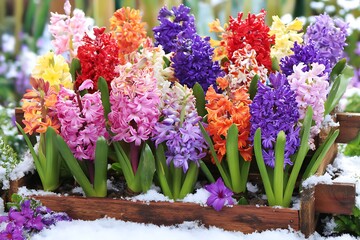 Vibrant hyacinths in a wooden planter.