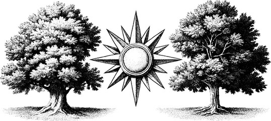 Vintage sun dial and compass with tree shadows in retro hand drawn design