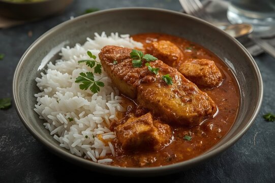 Delicious fish curry with fluffy white rice and fresh parsley garnish served in a bowl