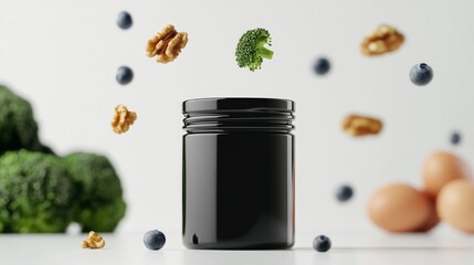 a small plastic black jar mockup awith black lid while some brocoli, walnuts, blueberries, eggs, salamon flying in the background against a white background , studio photography, product photography, 